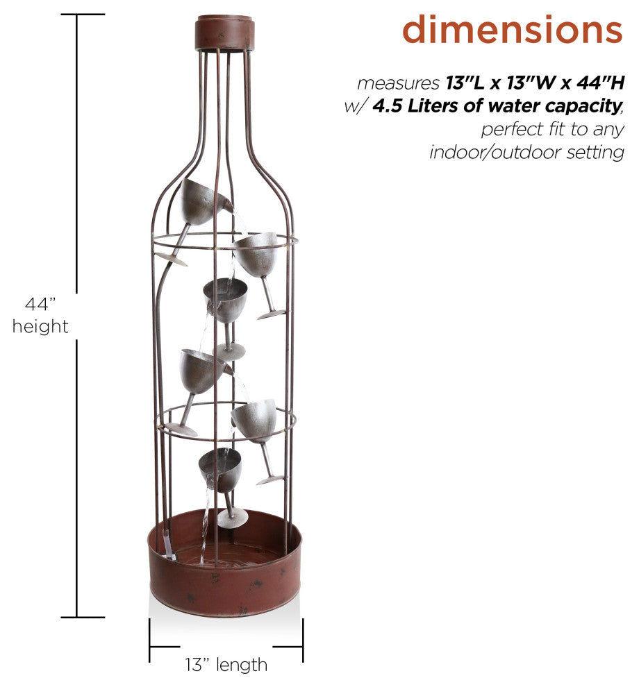 44" Tall Indoor/Outdoor Bottle Shaped Water Fountain With Tiering Wine Glasses