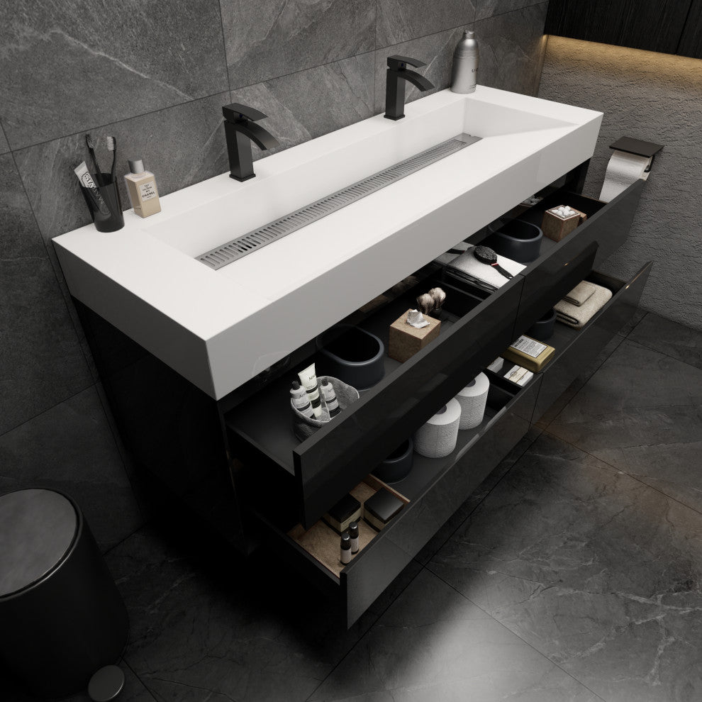 MAX 60" Double Floating Bath Vanity With Acrylic Sink, Gloss Black
