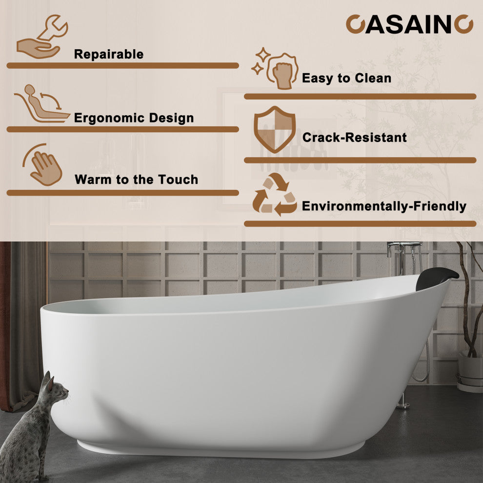 59in White Solid Surface Freestanding Soaking Bathtub with Drain, 59in
