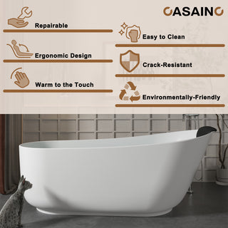 59in White Solid Surface Freestanding Soaking Bathtub with Drain, 59in