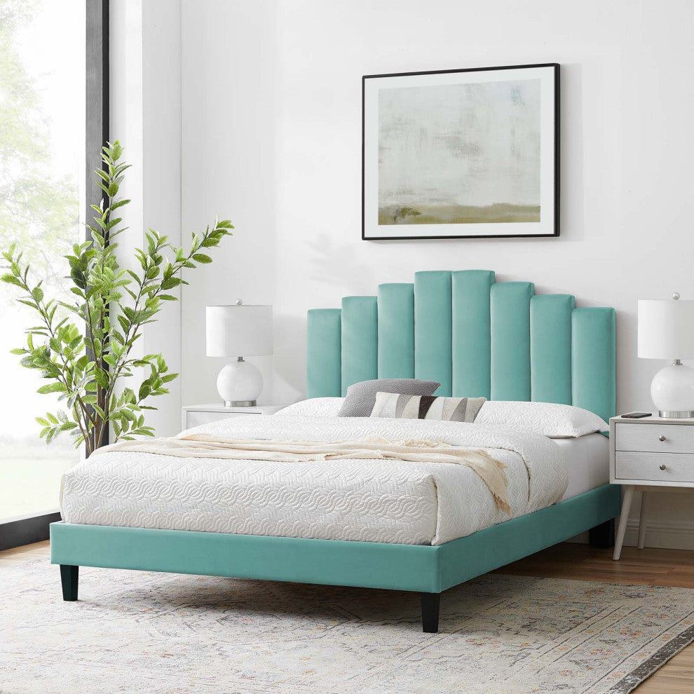 Platform Bed Frame, Twin Size, Velvet, Blue, Modern Contemporary, Bedroom Master