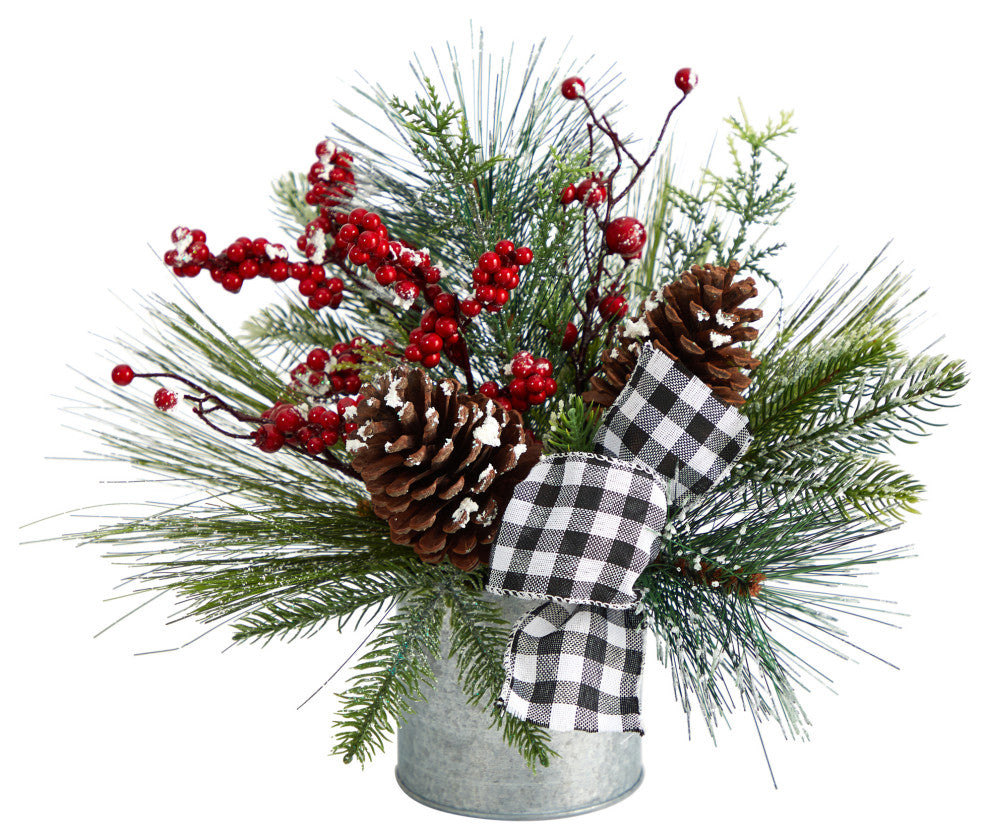 12" Frosted Pinecones and Berries Faux Arrangement, Vase W/ Decorative Plaid Bow