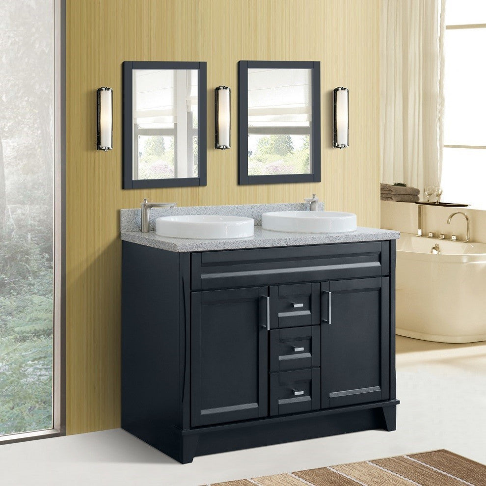 48" Double Sink Vanity, Dark Gray Finish With Gray Granite And Round Sink