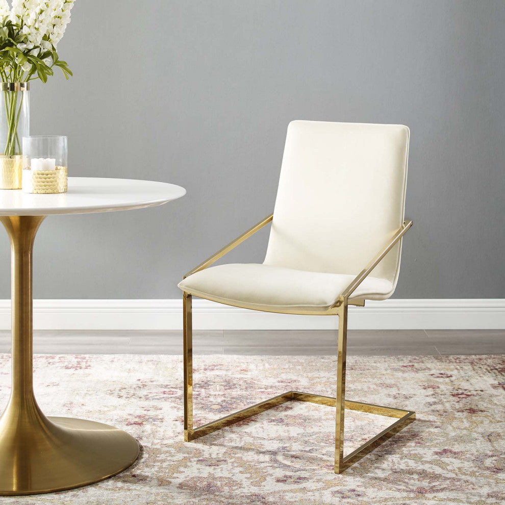 Side Dining Chair, Velvet, Metal, Gold Ivory White, Modern, Bistro Restaurant