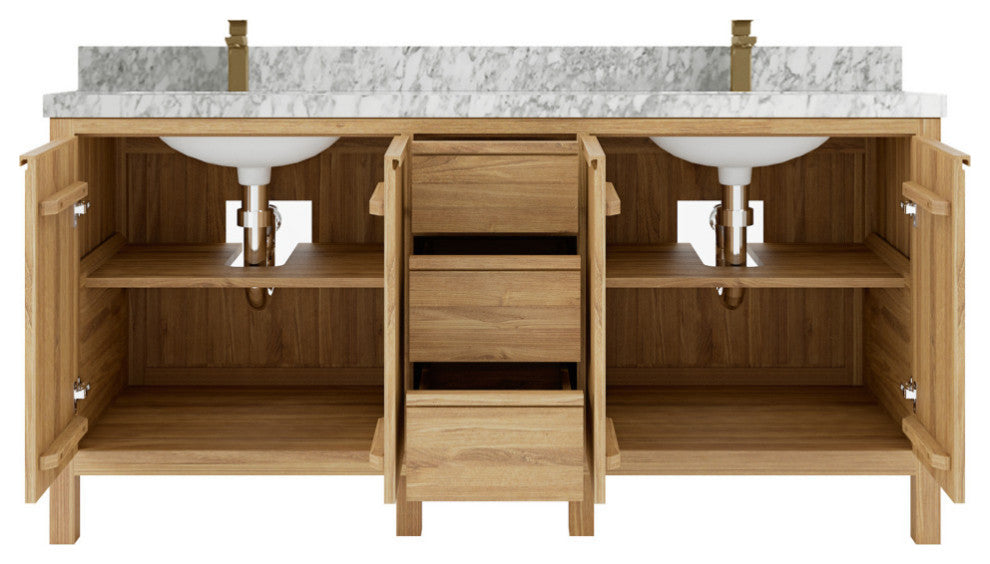 Elizabeth 72 Double Sink Bath Vanity in Light Natural Teak 2" Carrara Marble