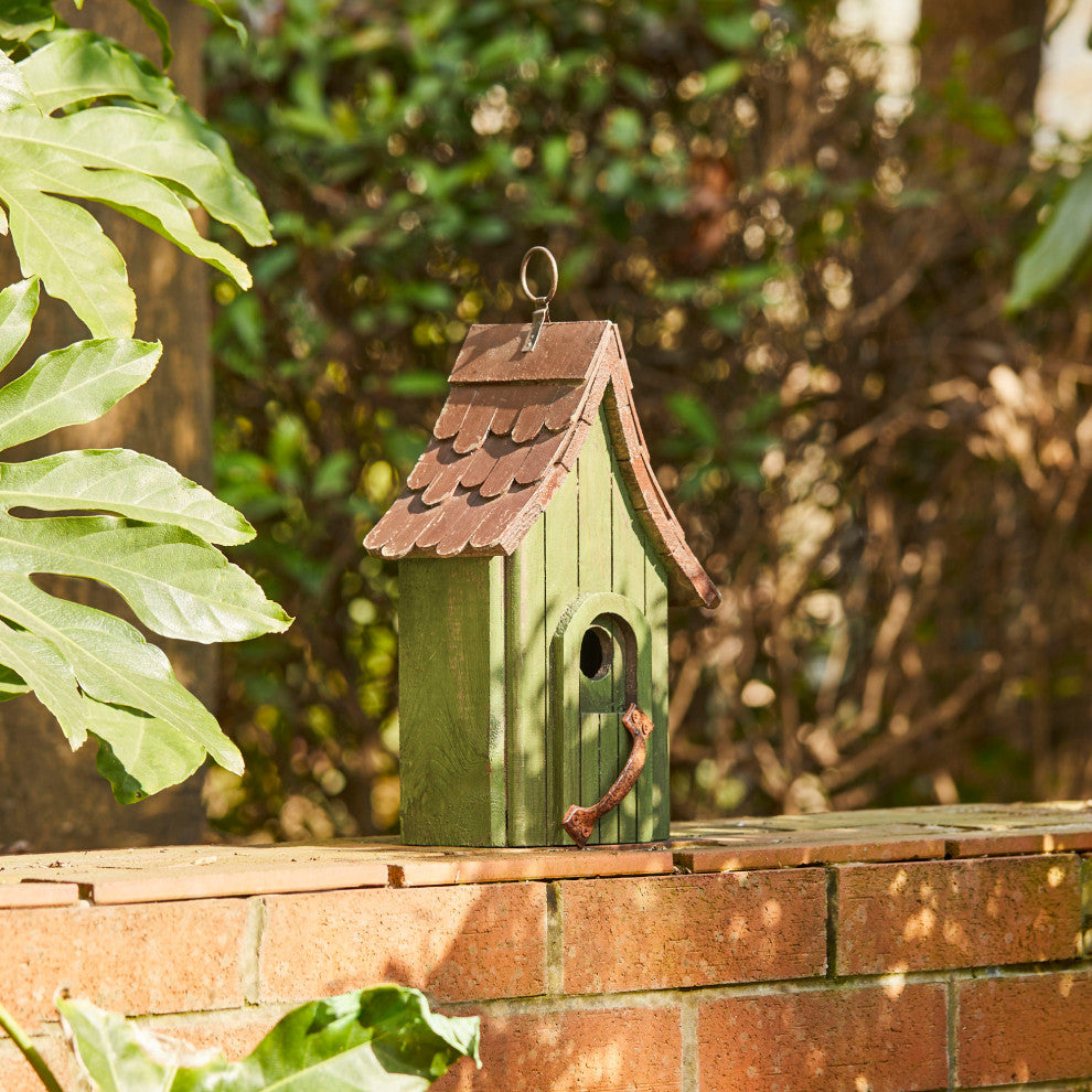 Rustic Garden Distressed Wooden Birdhouse, Metal Door Handle
