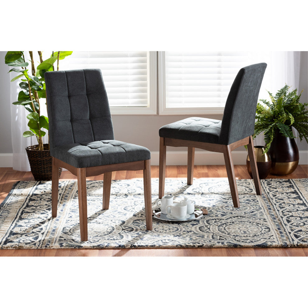 Tara Dark Gray Fabric Walnut Brown Finished Wood Dining Chairs, Set of 2