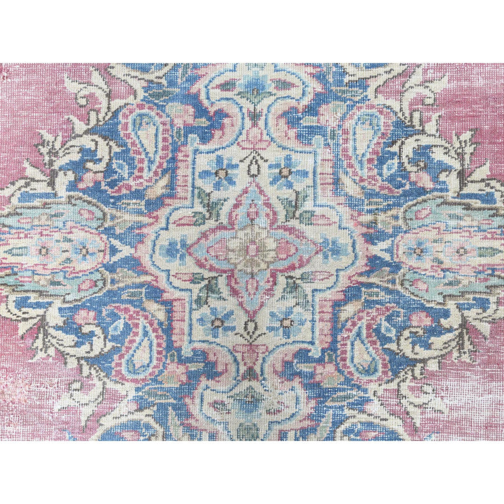 Vintage Persian Kerman, Worn Wool, Hand Knotted, Pink, Oriental Rug, 6'7" x 8'7"