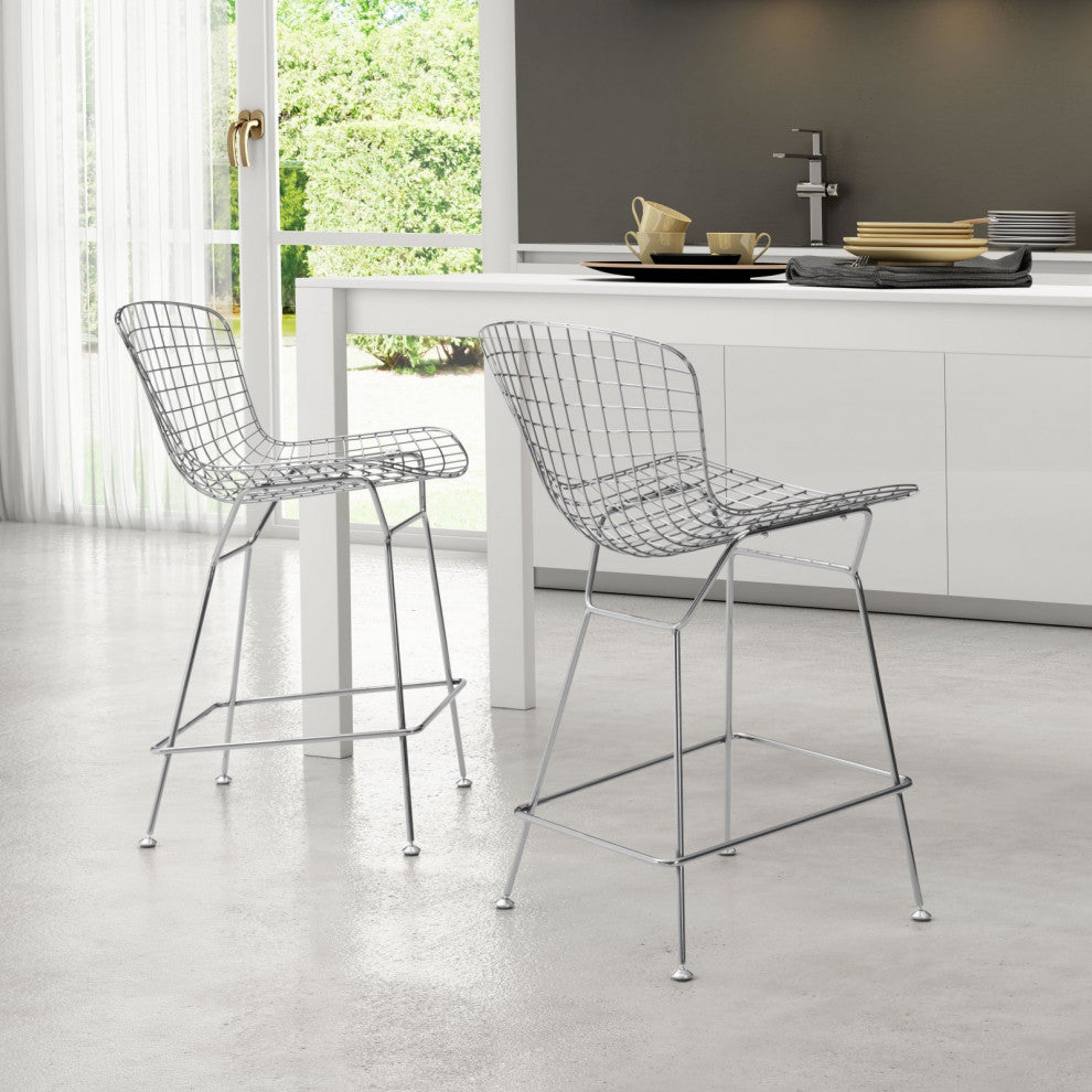 Counter Stool Chair, Set of 2, Steel Metal, Chrome, Mid Century Cafe Bistro