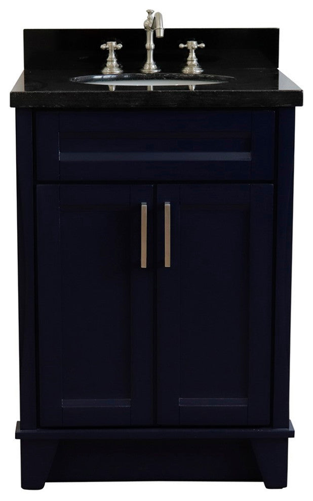 25" Single Sink Vanity, Blue Finish With Black Galaxy Granite And Oval Sink