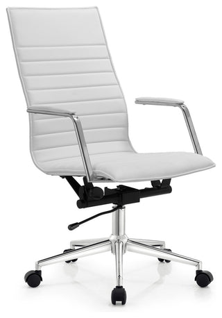 High Back Office Desk Chair, Ribbed PU Leather Computer Armchair, White