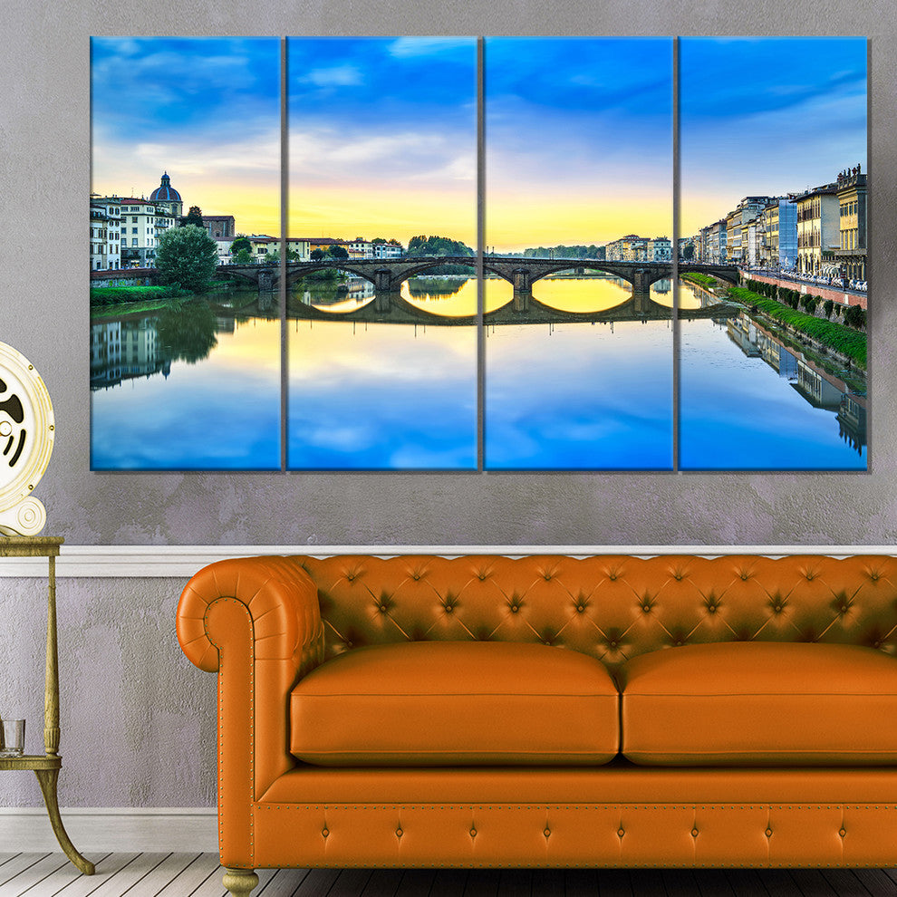 Carraia Medieval Bridge on Arno River, Beach Photo Canvas Art, 48"x28", 4 Panels