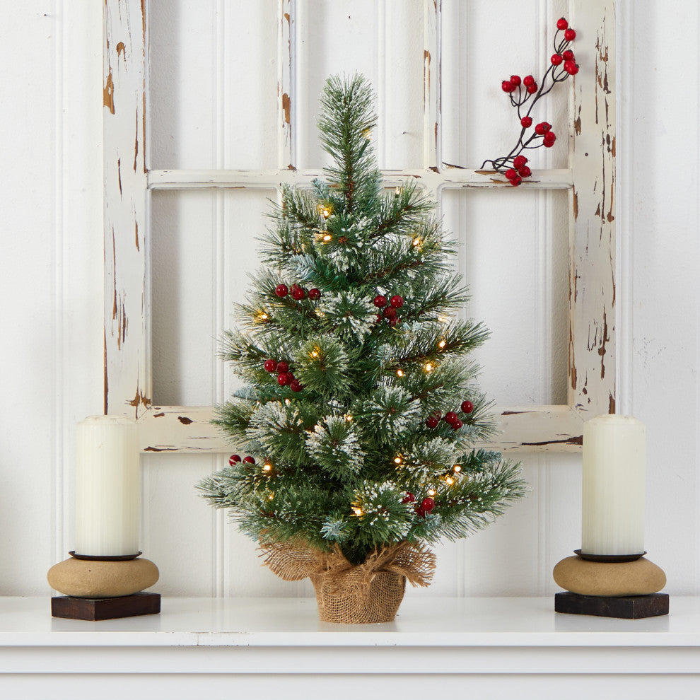 2' Snow Tipped Pine and Berry Artificial Christmas Tree With 35 White LED Lights