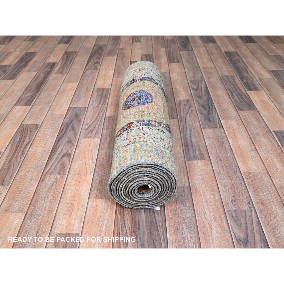 Blue, Mamluk Design, Soft Wool, Hand Knotted, Runner Oriental Rug, 2'6"x13'9"