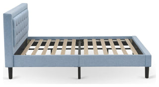3-Piece Platform Bed Set, 1 Queen Bed Frame, 2 Night Stands Denim Blue Fabric