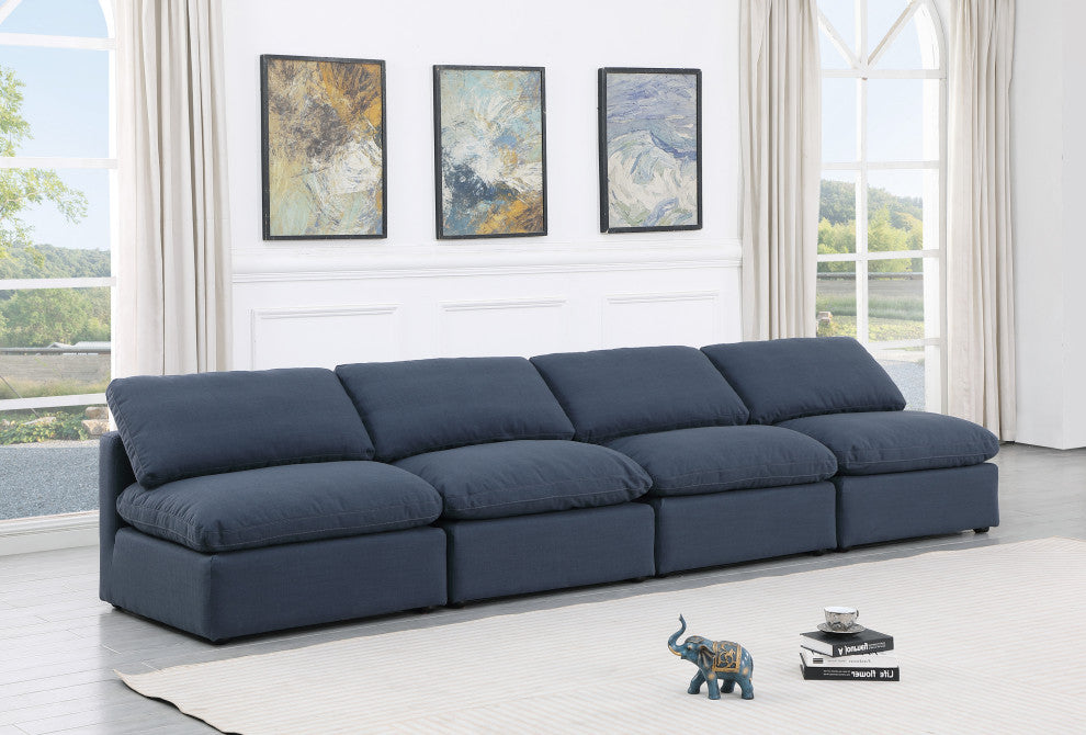 Indulge Upholstered Modular Sofa, Navy, 4-Piece: 4 Armless Chair, Down Stuffed Linen Textured Fabric