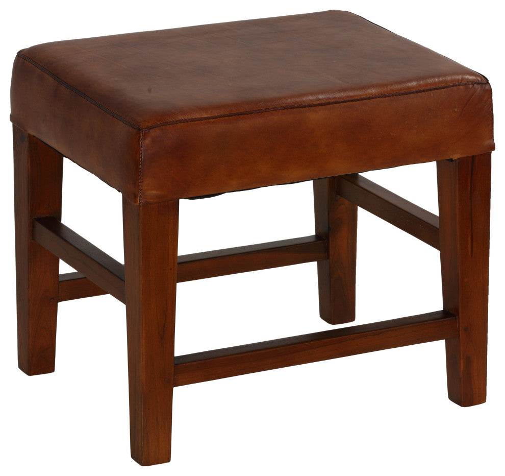 Alvin Genuine Leather Ottoman With Solid Teak Wood Legs, Brown