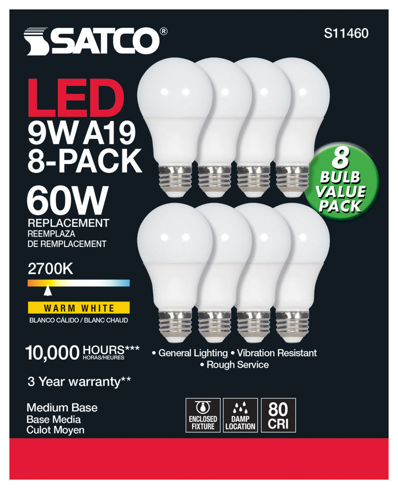 9W A19 LED, 2700K, Non-Dimmable, E26, 80 CRI, 8-Pack
