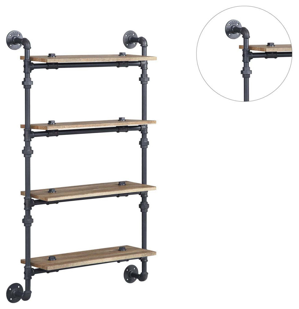 4 Tier Oak Wood Floating Shelf With Metal Tube, Sandy Black