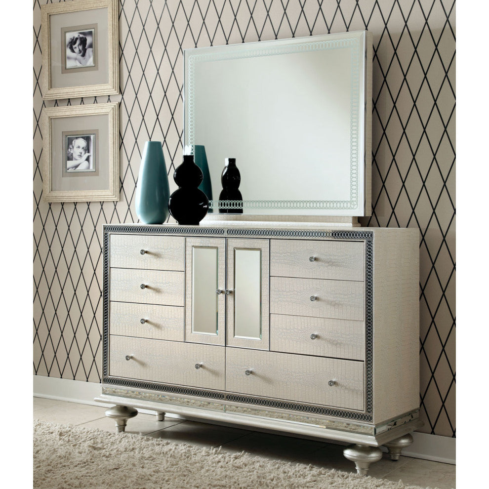 Hollywood Swank Upholstered Dresser with Mirror, Crystal Croc