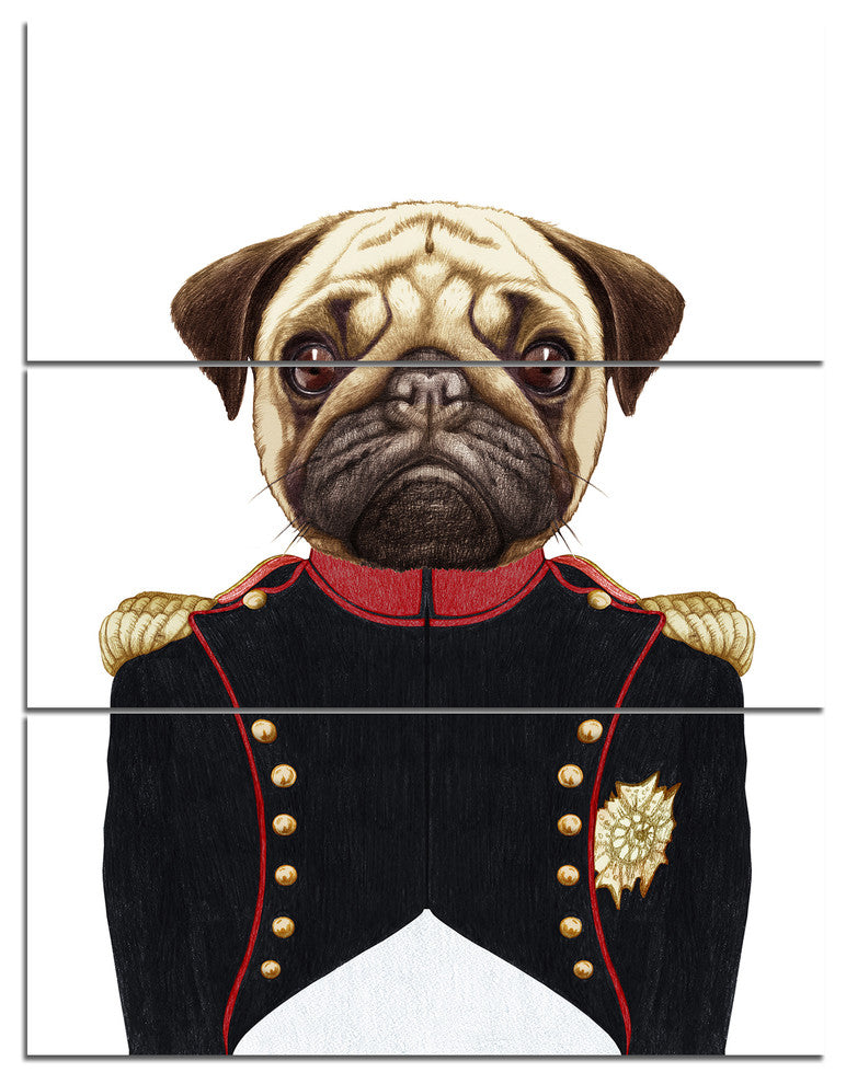 Pug Dog in Military Uniform, Animal Triptych Canvas Art Print, 28x36, 3 Panels