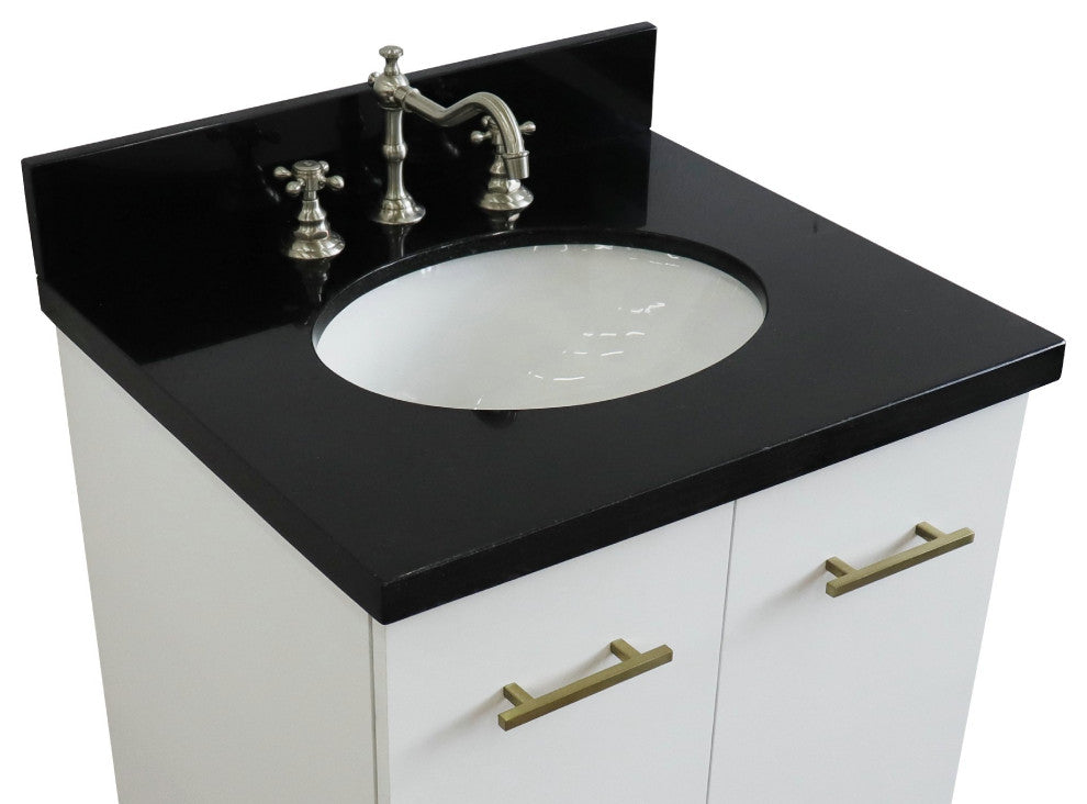 25" Single Sink Vanity, White Finish With Black Galaxy Granite And Oval Sink
