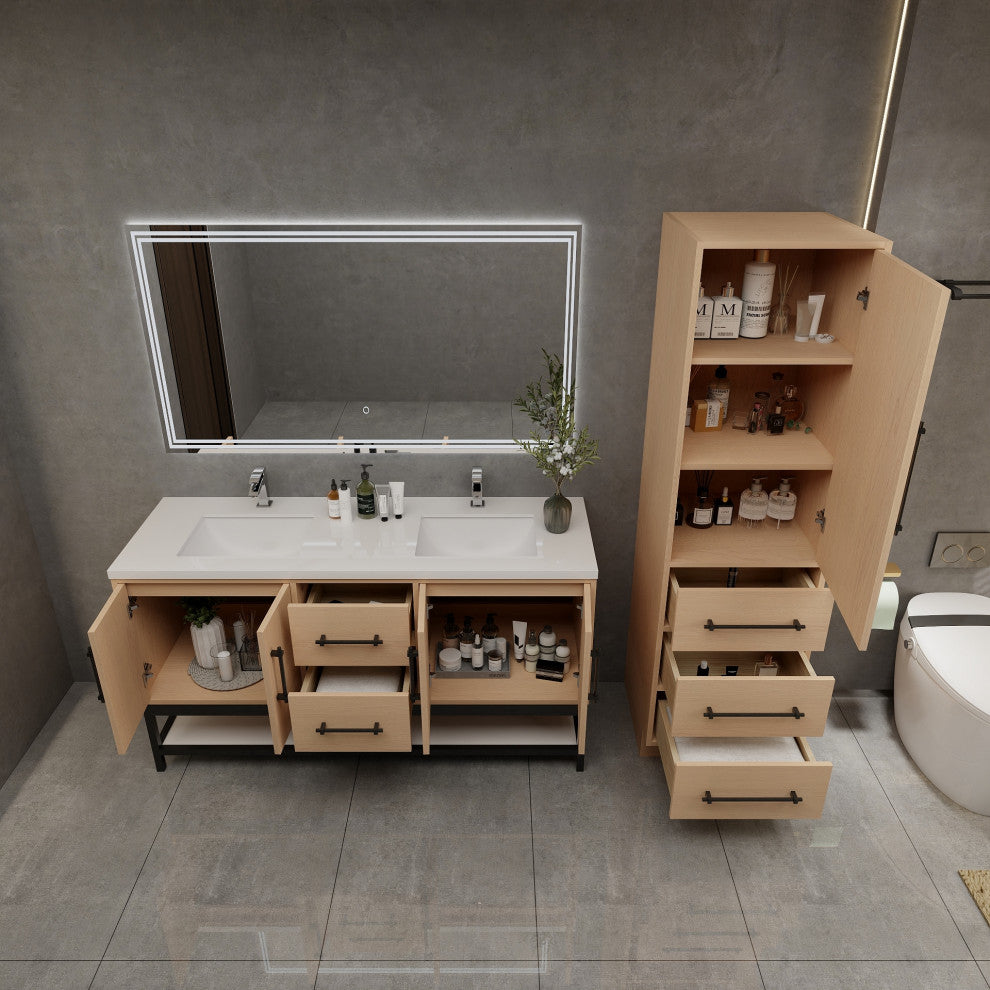 Victoria 60'' Solid Wood Open Shelf Bath Vanity Double Sink, Yellow Oak