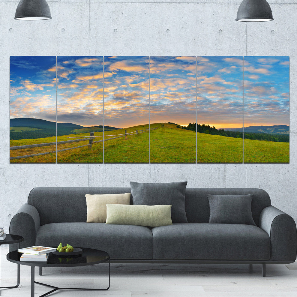 Green Evening Countryside, Landscape Canvas Art Print, 70"x28", 6 Panels