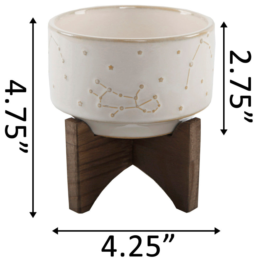 4" Constellation Ceramic Pot On Wood Stand, Ivory