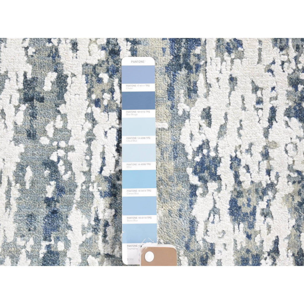 Hand Knotted Abstract Design Wool and Real Silk Denim Blue Runner Rug 2'7"x12'1"