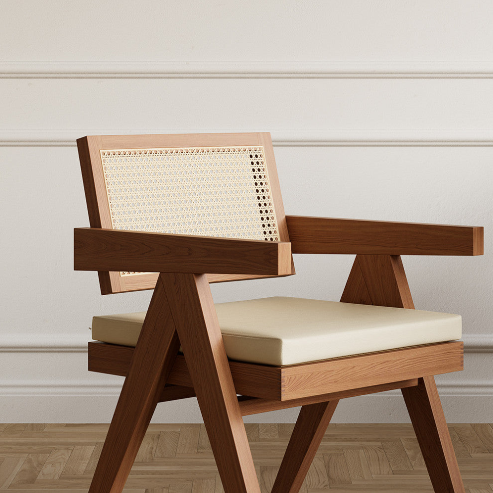 Archic Japandi Rattan Dining Chair, Walnut, With Upholstery