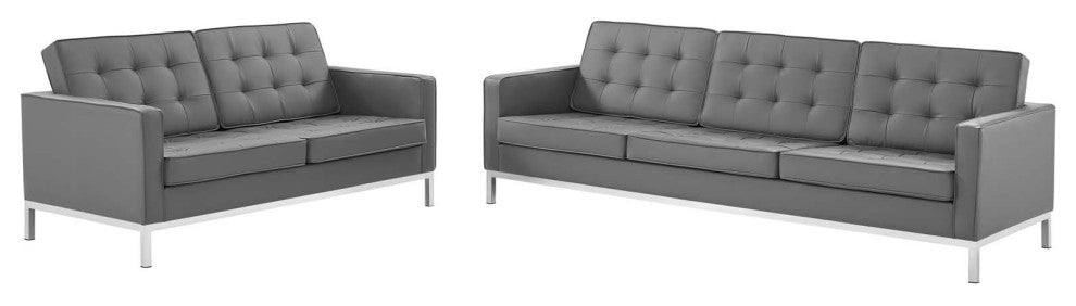 Tufted Loveseat and Sofa Set, Faux Leather, Silver Gray, Modern, Lounge