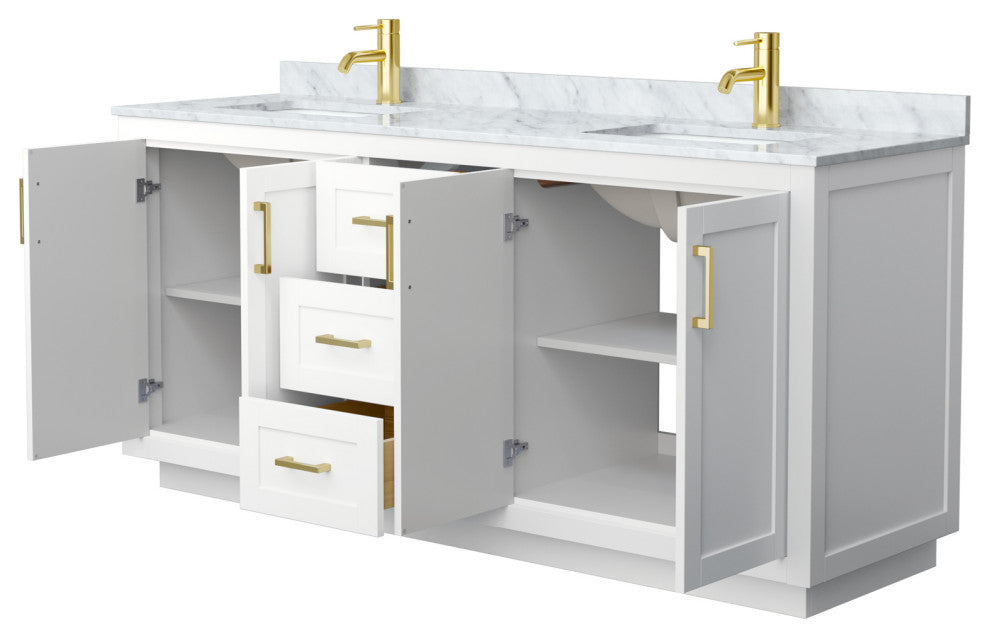 Miranda 72" White DBL Vanity, White Carrara Marble Top, Gold Trim