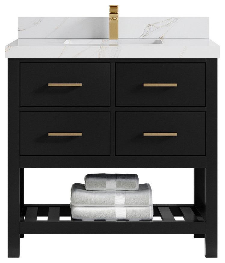Parker 36" Single Sink Bath Vanity, Black 2" Calacatta Sienna