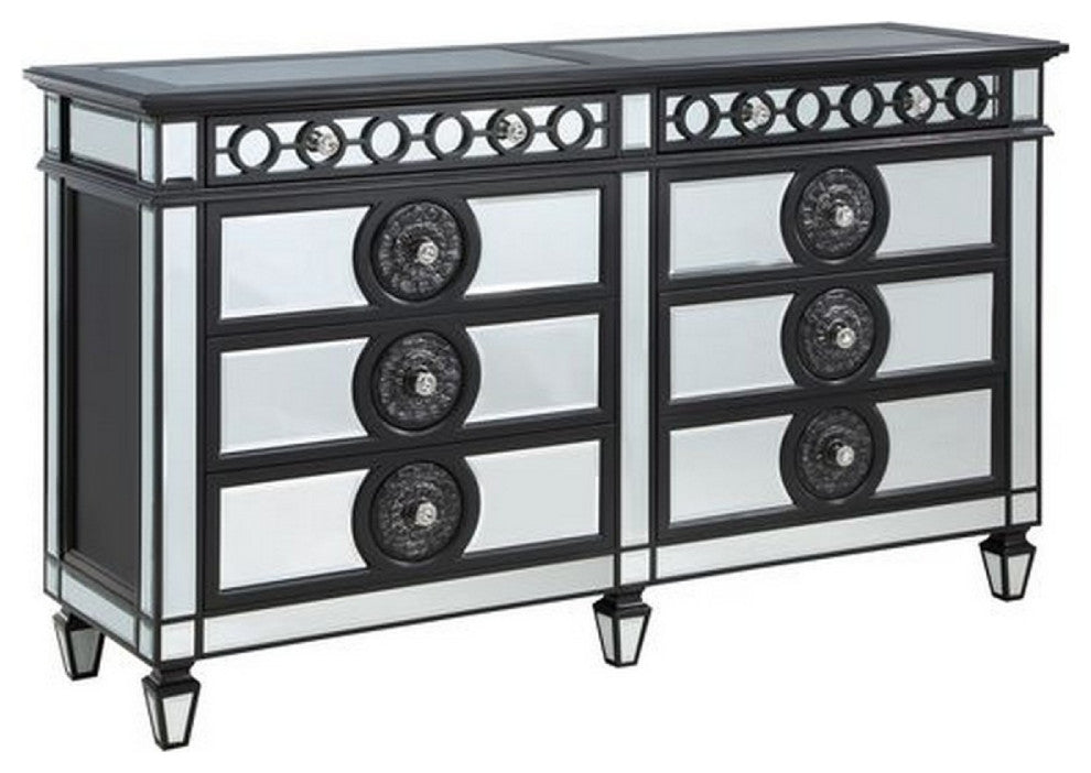 Benzara BM275057 8 Drawer Dresser With Mirror Trim & Sunburst, Black/Silver