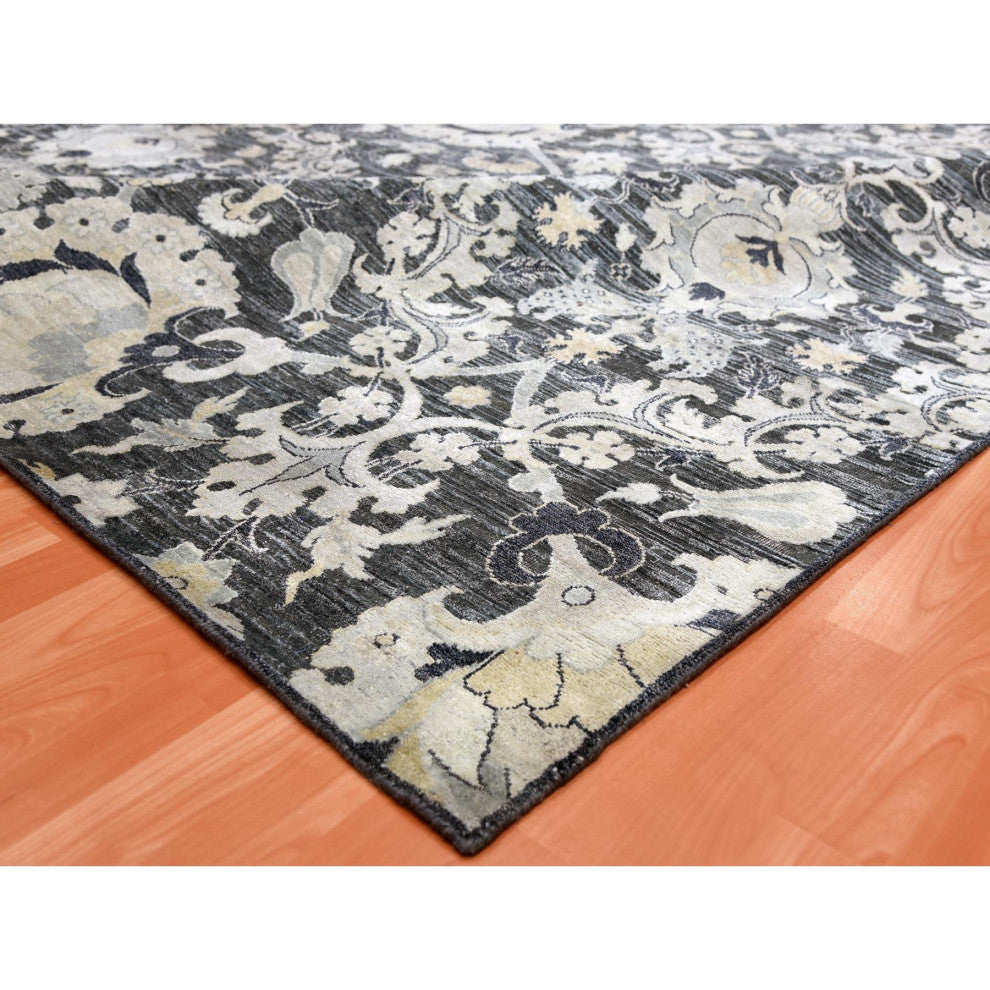 Gray/Blue Tulip and Large Blossom Textured Wool Hand Knotted Rug, 8'2"x10'0"