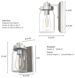 Devon Park Brushed Nickel and Grey Wood With Clear Glass 1 Light Sconce Wall