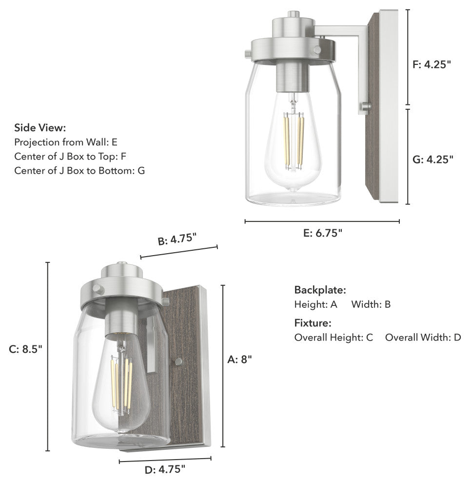 Devon Park Brushed Nickel and Grey Wood With Clear Glass 1 Light Sconce Wall