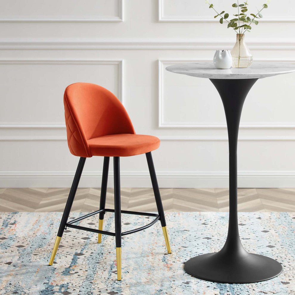 Counter Stool Chair, Set of 2, Velvet, Metal, Orange, Modern, Bar Pub Bistro