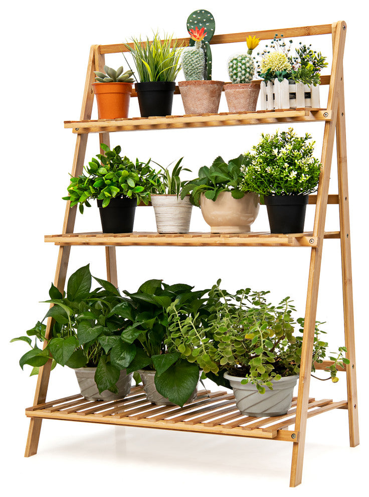 Costway Bamboo Ladder Plant Stand 3-Tier Foldable Flower Pot Rack Natural