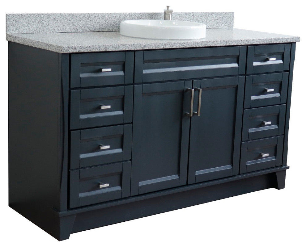 61" Single Sink Vanity, Dark Gray Finish And Gray Granite And Round Sink