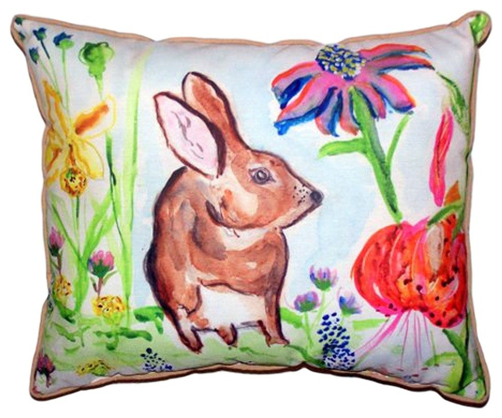 Zippered Betsy Drake Brown Rabbit Right Facing Outdoor Pillow 20 Inch x 24 Inch