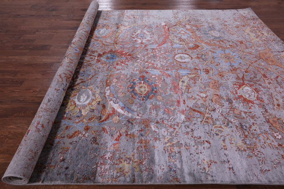 9' 0" X 12' 1" Persian Sickle Leaf Design Wool and Silk Hand Knotted Rug Q8716