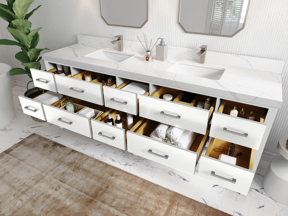 Parker 84 Double Sink Bath Vanity in White 2" Carrara Quartz