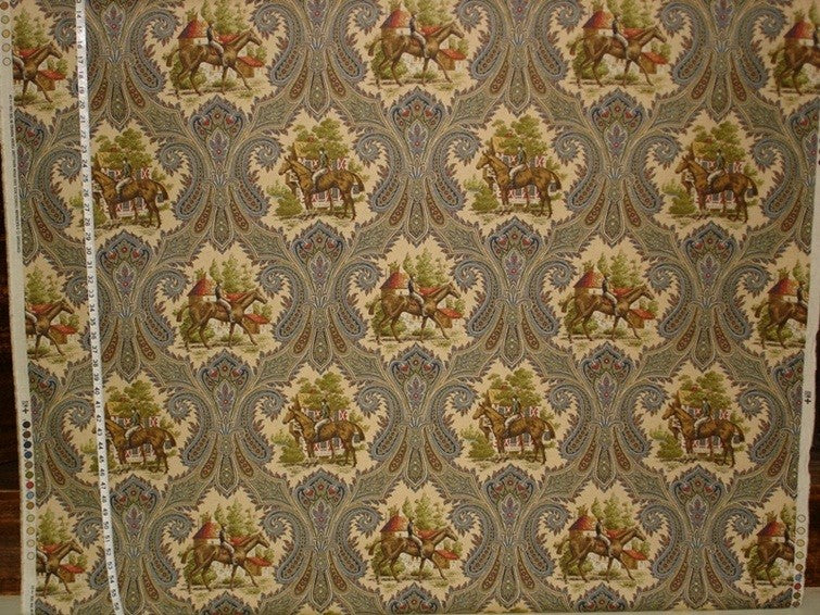 Horse Jockey Fabric Paisley Blue Toile, Sample Cut