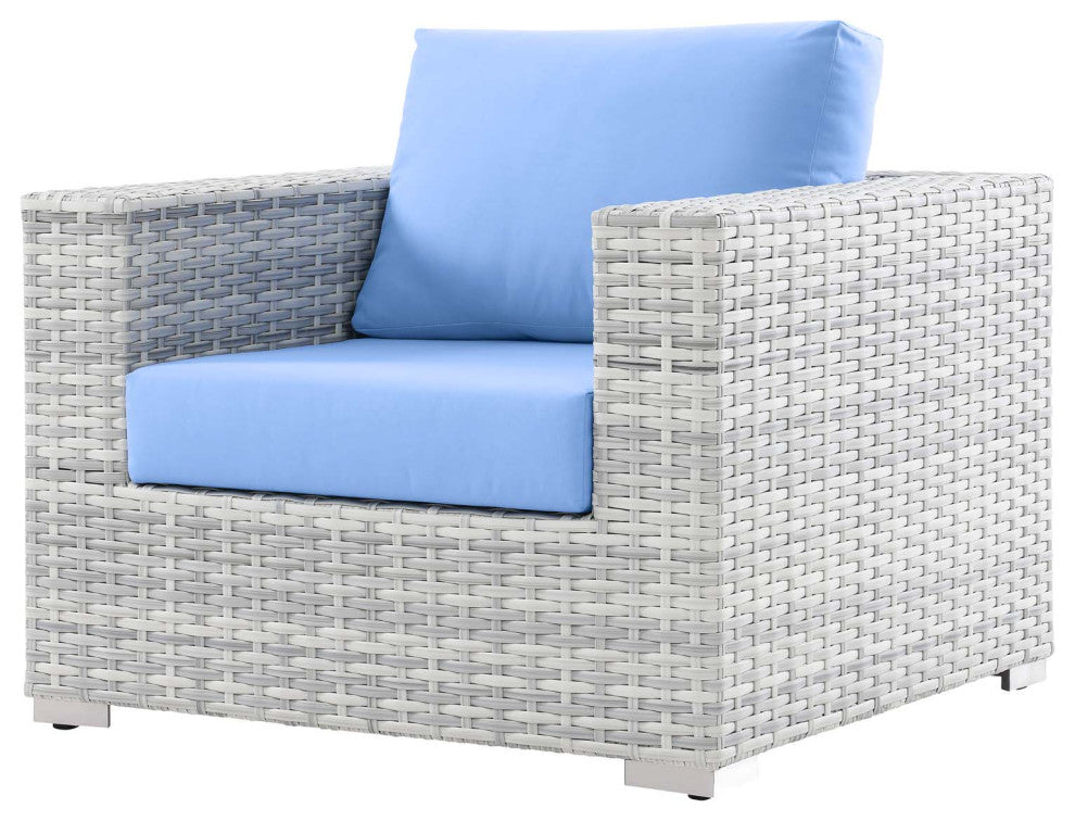 Lounge Chair Armchair, Rattan, Wicker, Gray Blue, Modern, Outdoor Patio