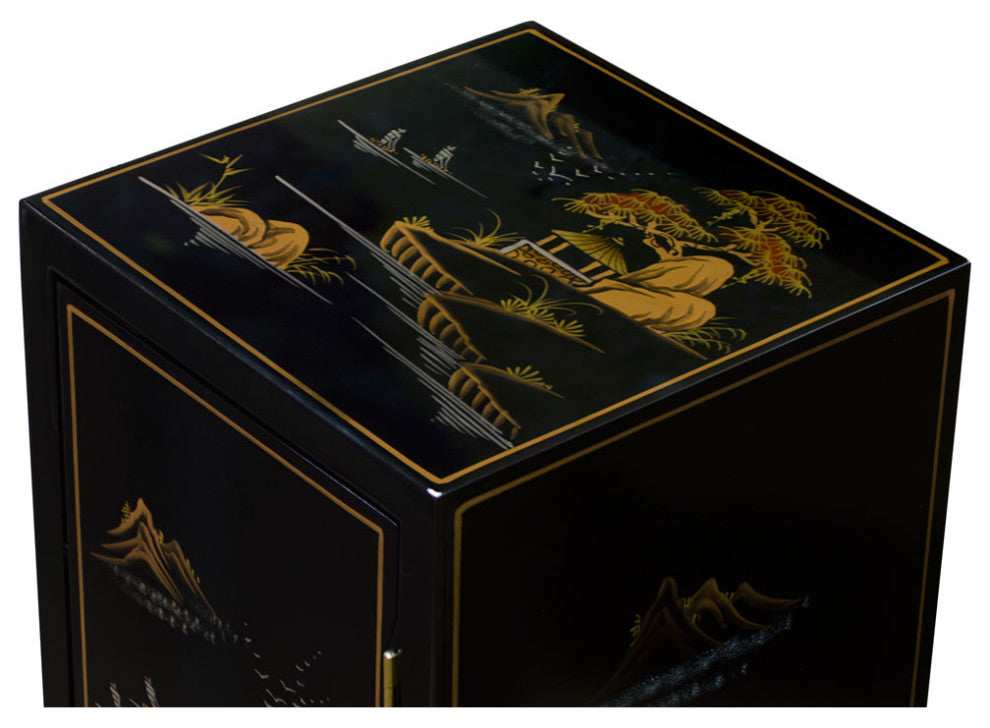 Black Lacquer Chinoiserie Chinese Pedestal Cabinet