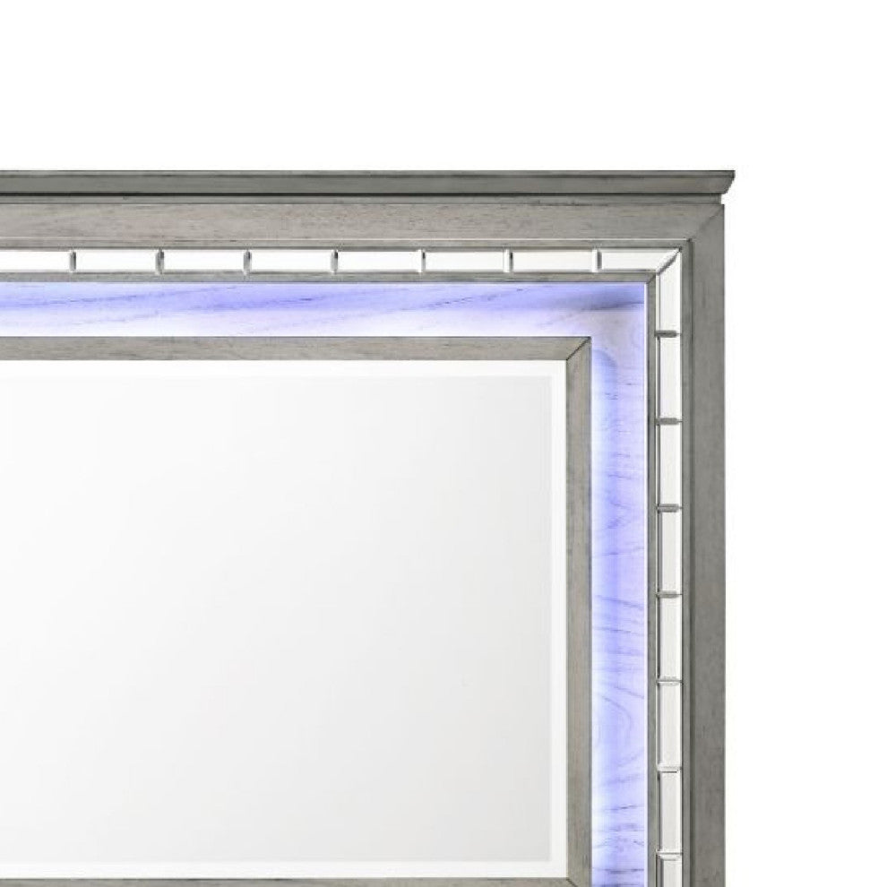 Benzara BM275063 48" Wood Mirror, LED, Mirrored Trim, Landscape, Light Gray