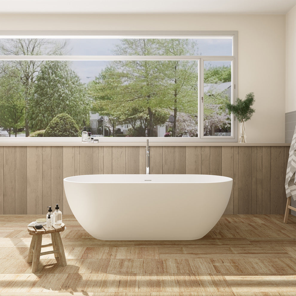 Ryder Flatbottom Freestanding Solid Surface Soaking Bathtub, Matte White, 59inch