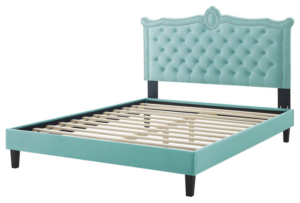 Platform Bed Frame, Nailhead, Queen Size, Blue, Velvet, Modern, Guest Suite